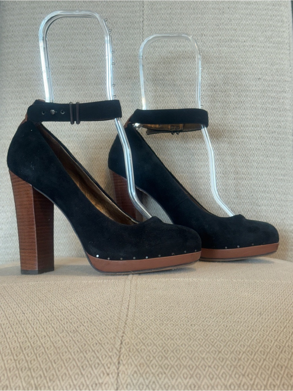Sam Edelman Black Suede Ankle-Strap Platform Pumps with Brown Wood Block Heel